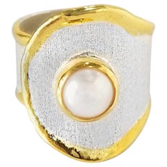 Yianni Creations Pearl Fine Silver and 24 Karat Gold Handmade Wide Band Ring