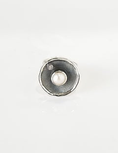 Yianni Creations Pearl and Diamond Fine Silver and Black Rhodium Wide Ring