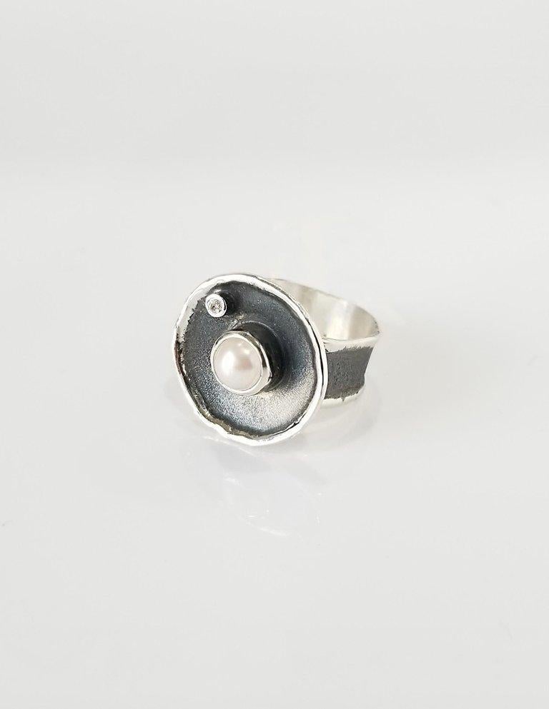 Contemporary Yianni Creations Pearl and Diamond Fine Silver and Black Rhodium Wide Ring For Sale