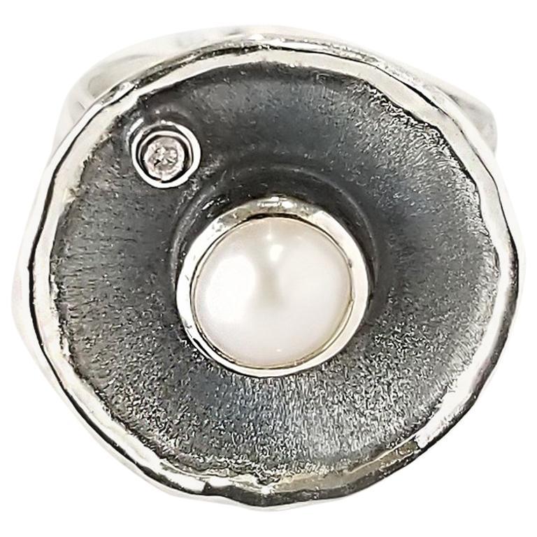 Yianni Creations Pearl and Diamond Fine Silver and Black Rhodium Wide Ring For Sale