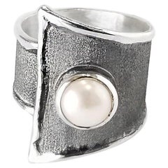 Yianni Creations Pearl Fine Silver and Oxidized Black Rhodium Wide Band Ring