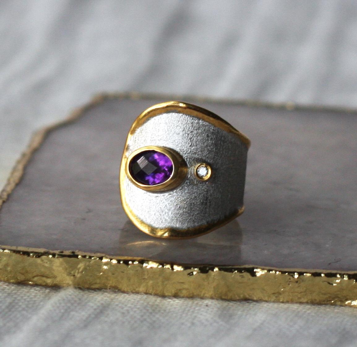 Yianni Creations Aguamarina Diamante Plata fina y oro de 24 quilates  Anillo de banda en Nuevo estado para la venta en Astoria, NY