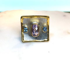 Yianni Creations Amethyst and Blue Topaz Fine Silver 24 Karat Gold Wide Ring