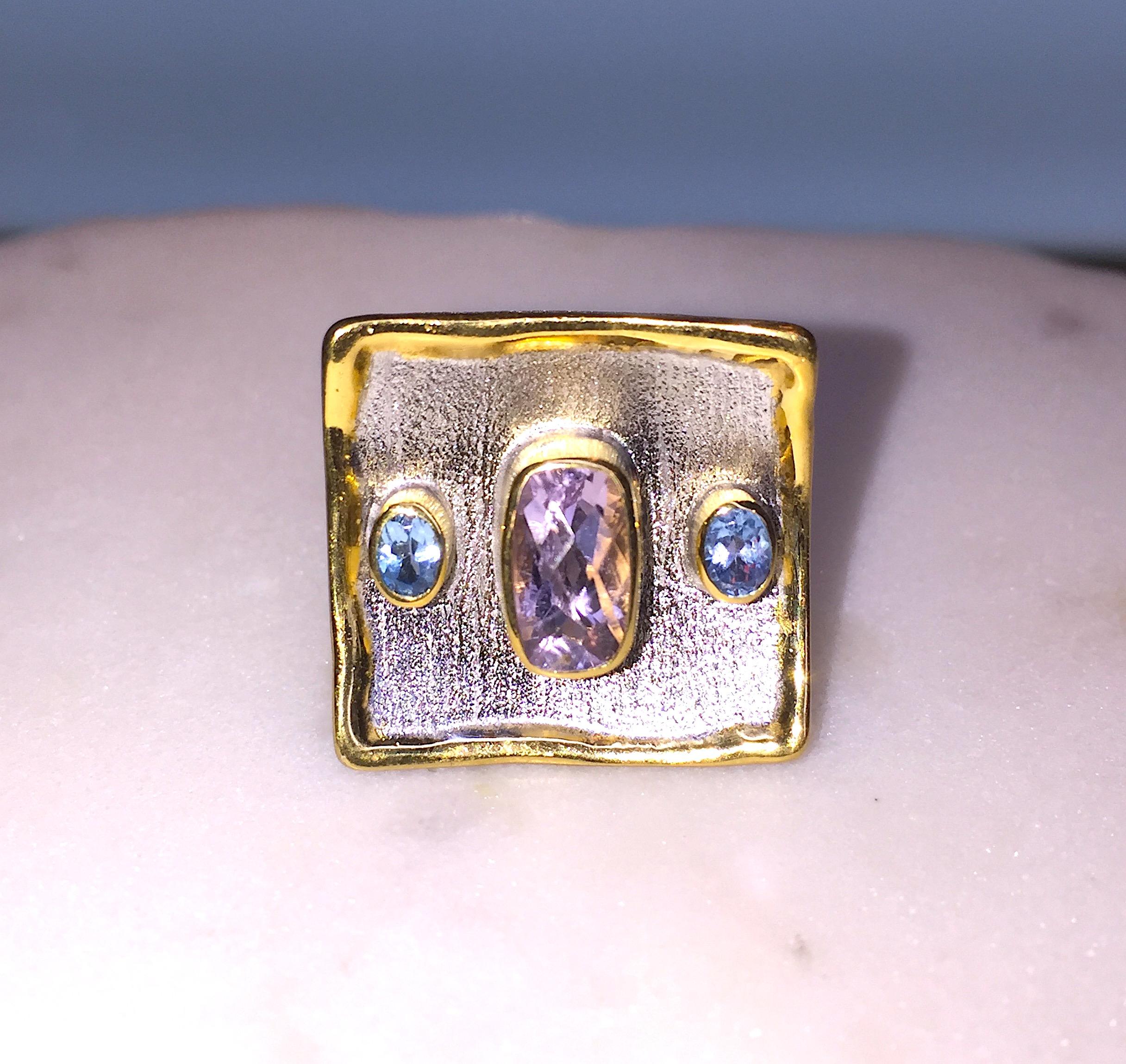 Yianni Creations Amethyst and Blue Topaz Fine Silver 24 Karat Gold Wide Ring In New Condition For Sale In Astoria, NY