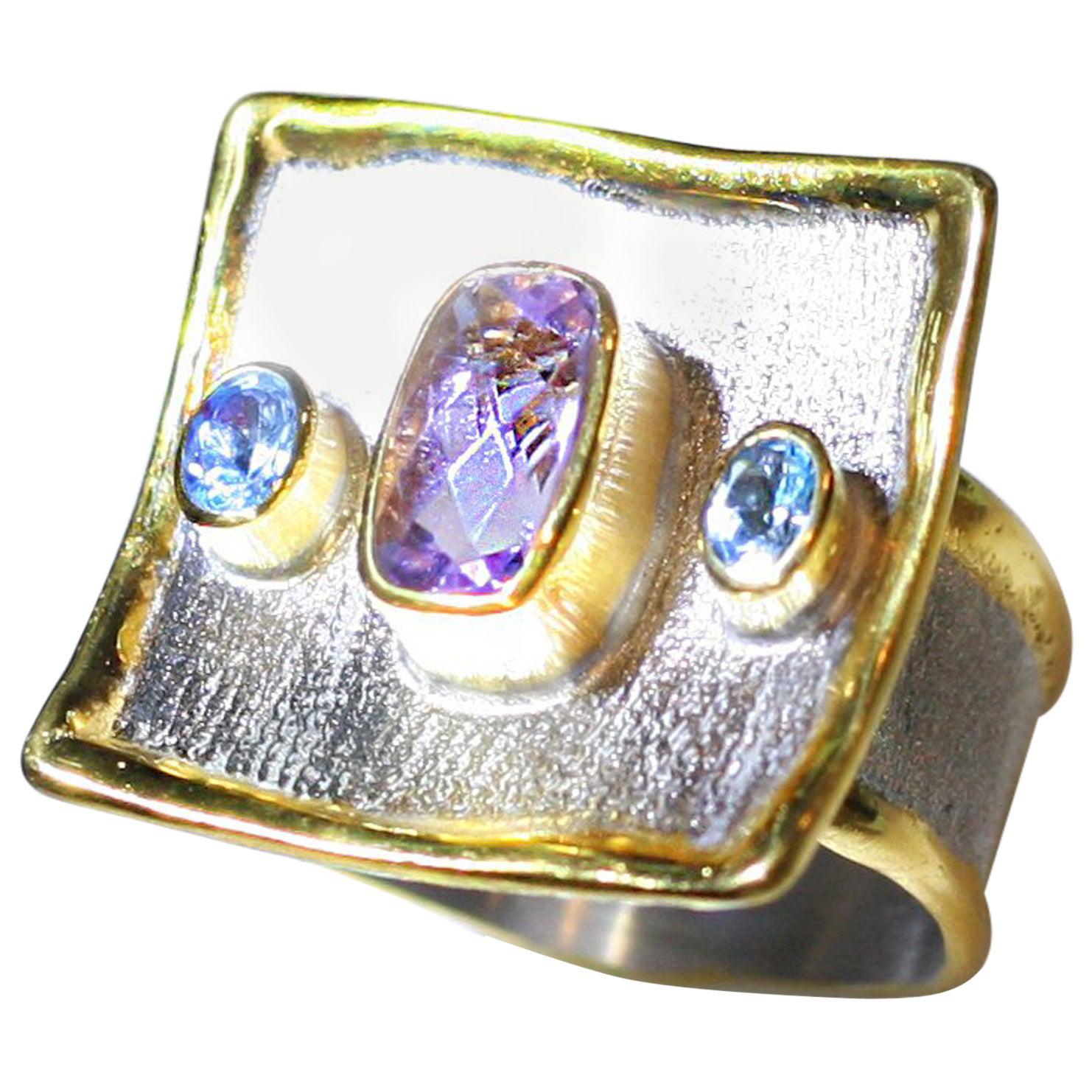 Yianni Creations Amethyst and Blue Topaz Fine Silver 24 Karat Gold Wide Ring