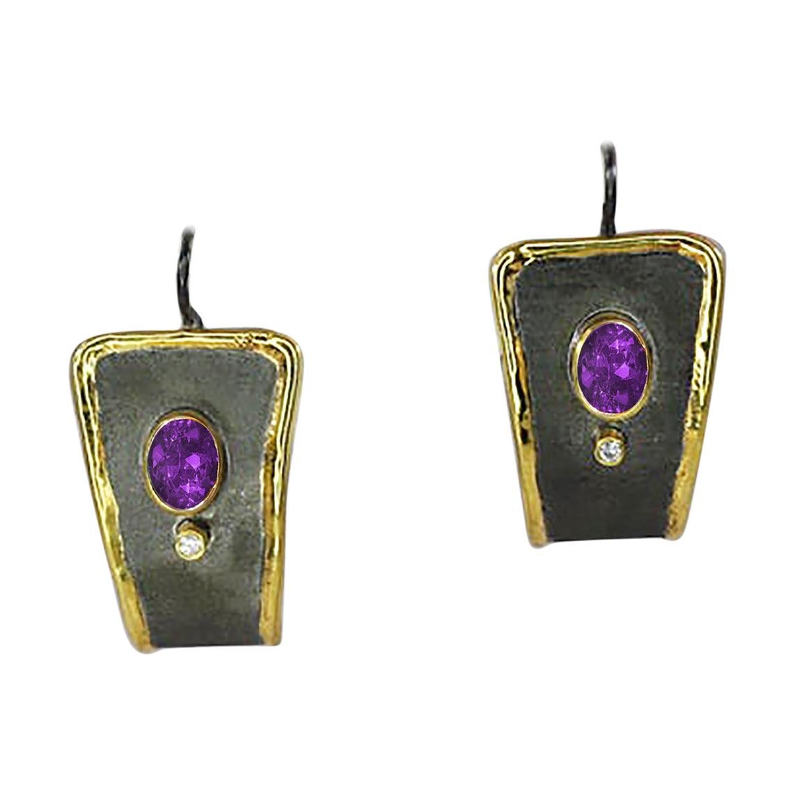 Yianni Creations Amethyst and Diamond Fine Silver Gold Two-Tone Dangle Earrings For Sale
