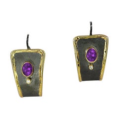 Yianni Creations Amethyst and Diamond Fine Silver Gold Two-Tone Dangle Earrings