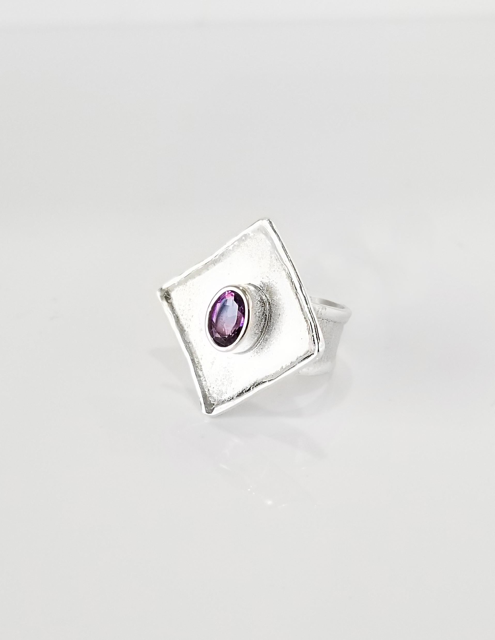 Yianni Creations Amethyst and Diamond Fine Silver 950 Square Wide Band Ring For Sale 5