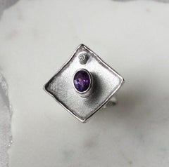 Yianni Creations Amethyst and Diamond Fine Silver 950 Square Wide Band Ring