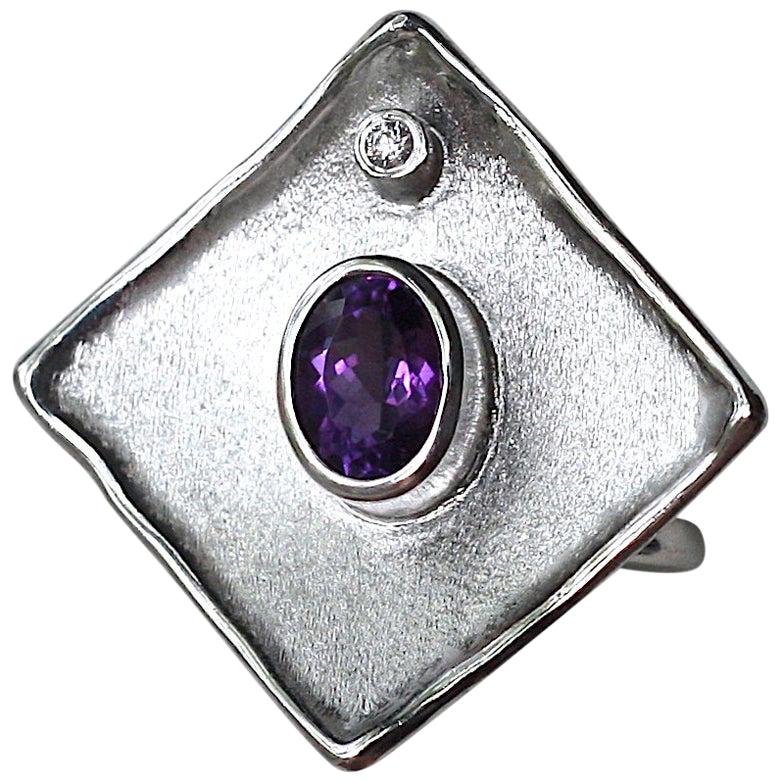 Yianni Creations Amethyst and Diamond Fine Silver 950 Square Wide Band Ring