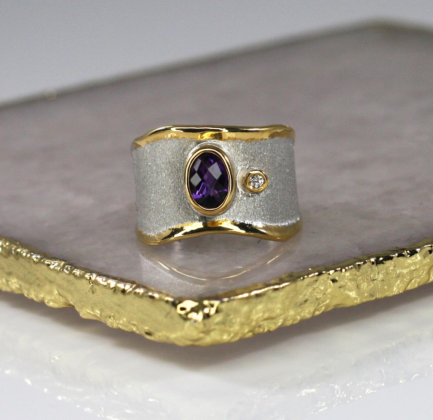 Yianni Creations Amethyst and Diamond Fine Silver and Pure Gold Plate Band Ring For Sale 1