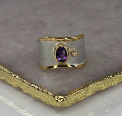 Yianni Creations Amethyst and Diamond Fine Silver and Pure Gold Plate Band Ring