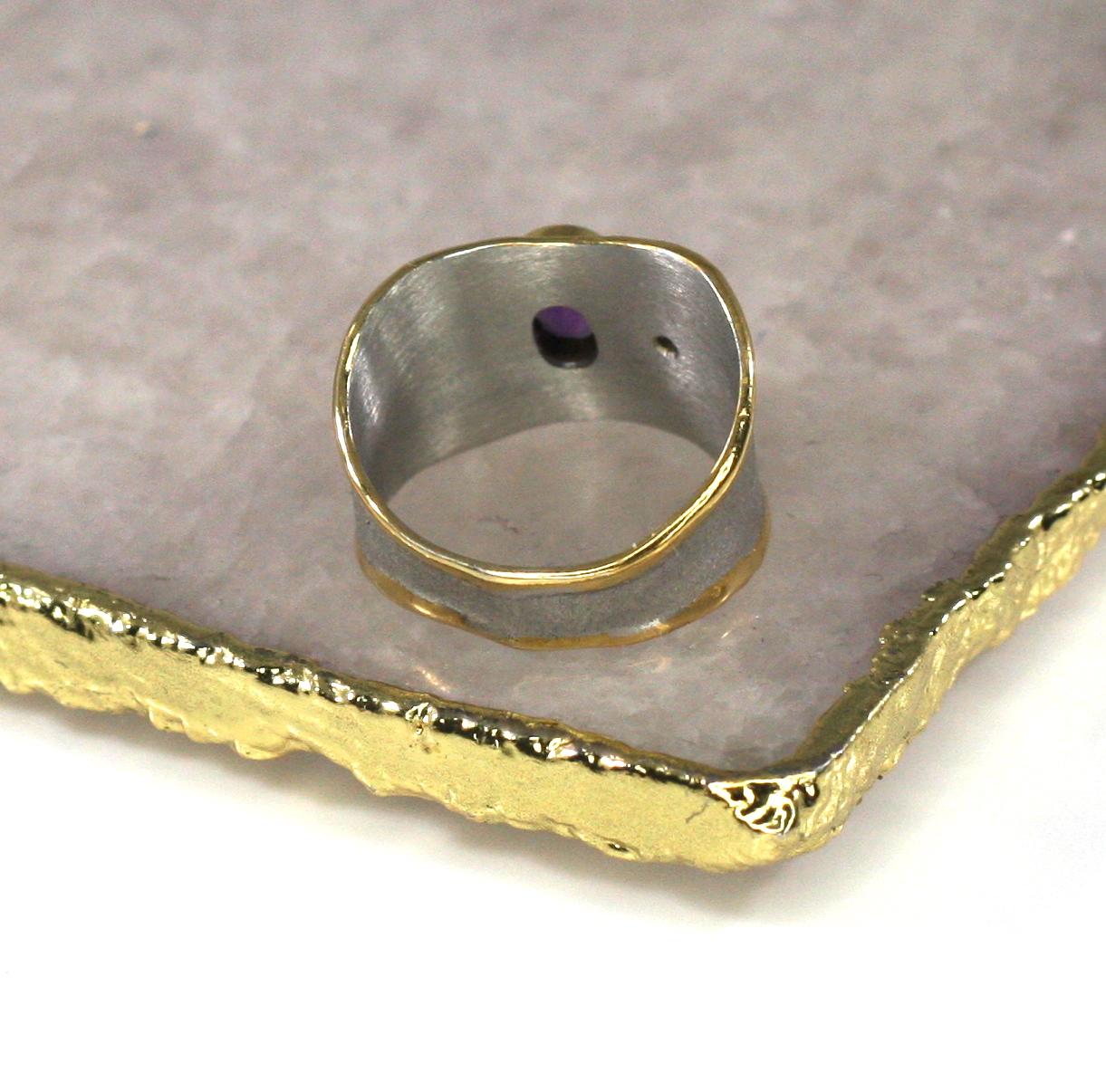 Yianni Creations Amethyst and Diamond Fine Silver and Pure Gold Plate Band Ring In New Condition For Sale In Astoria, NY