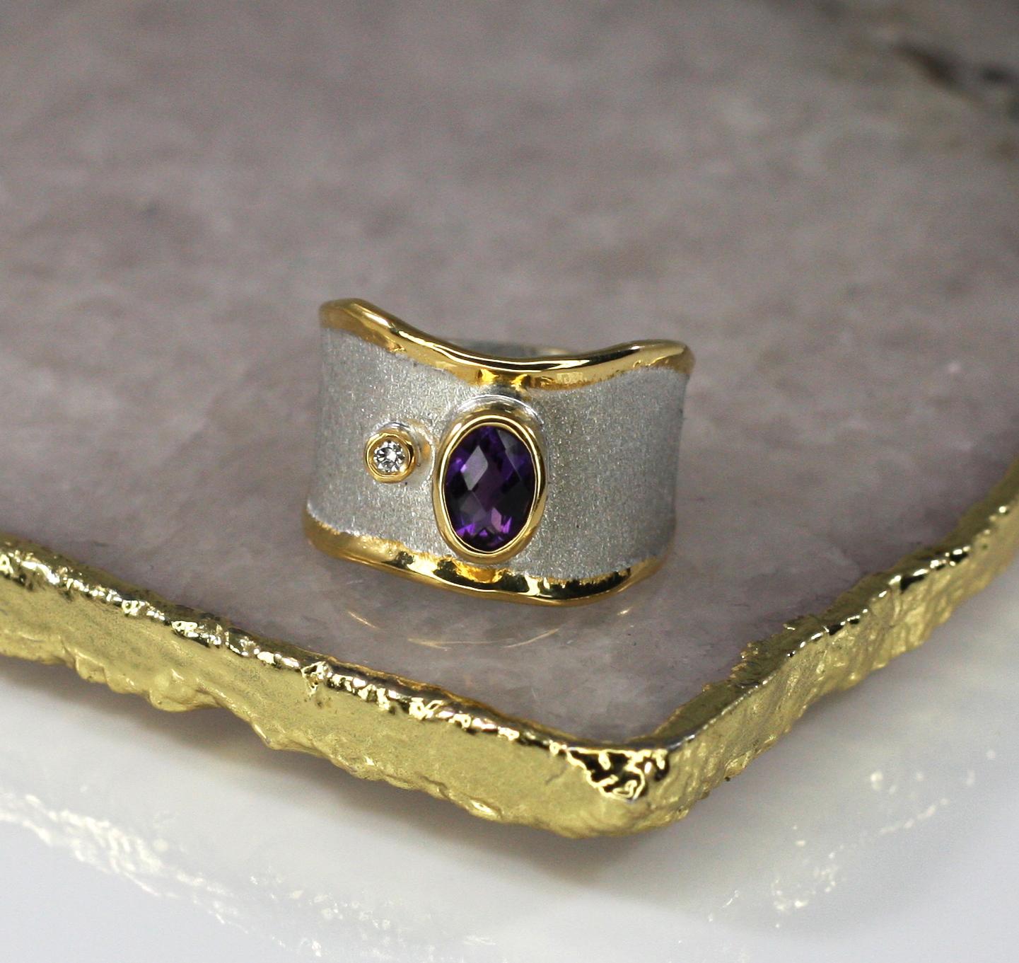 Women's or Men's Yianni Creations Amethyst and Diamond Fine Silver and Pure Gold Plate Band Ring For Sale