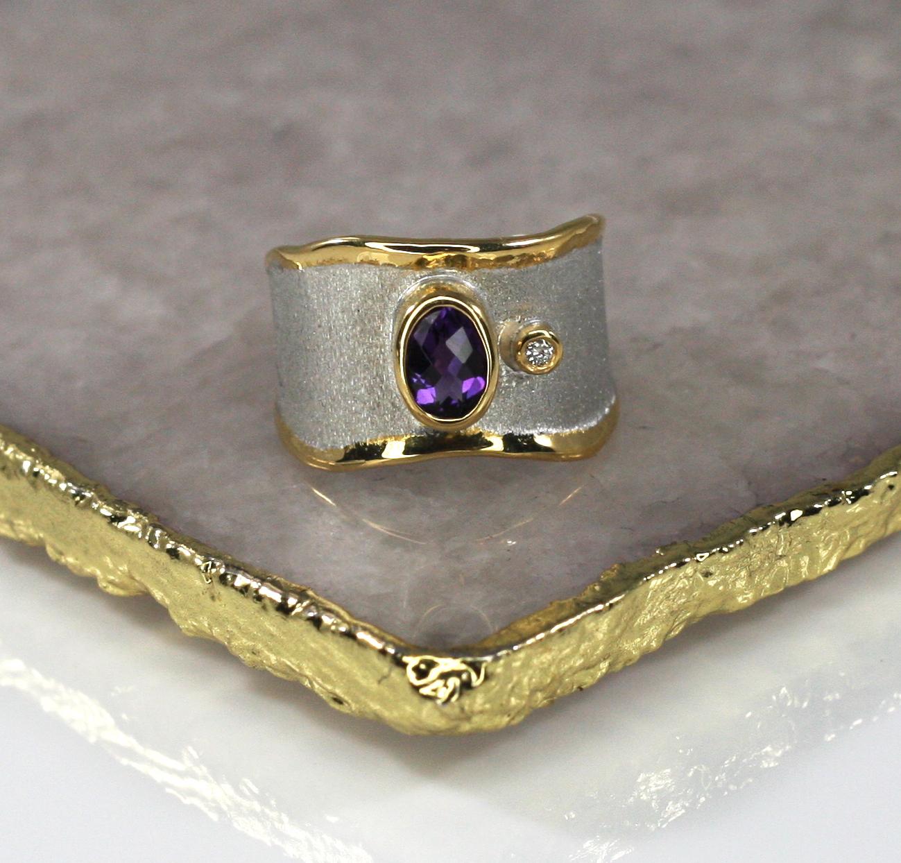 Yianni Creations Amethyst and Diamond Fine Silver and Pure Gold Plate Band Ring For Sale 3