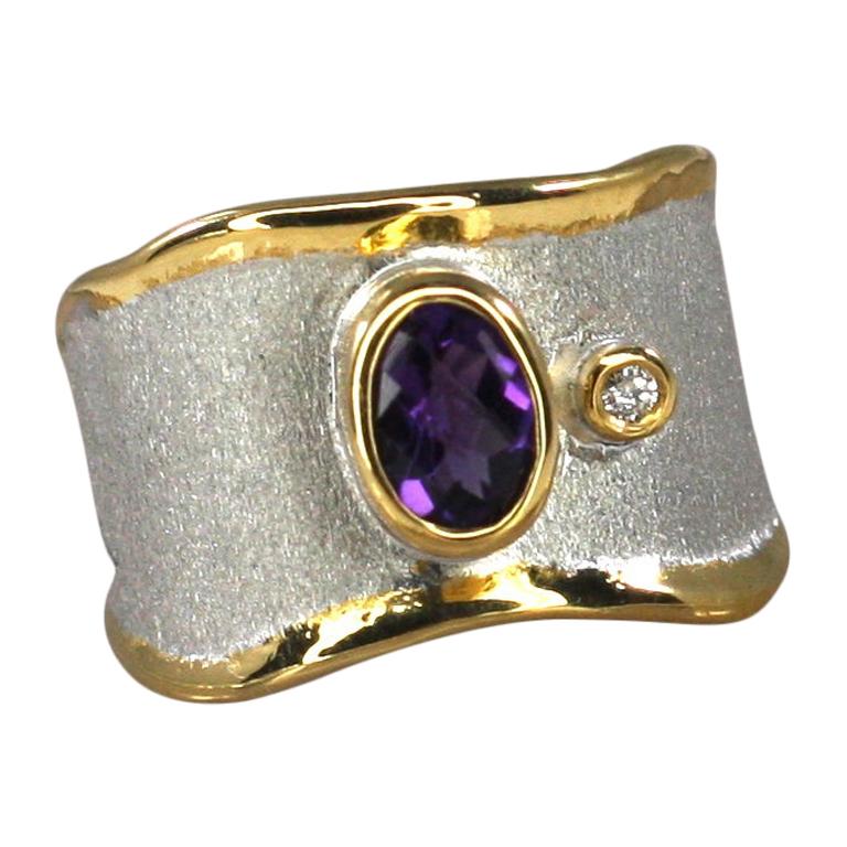 Yianni Creations Amethyst and Diamond Fine Silver and Pure Gold Plate Band Ring For Sale