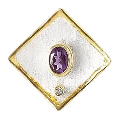 Yianni Creations Amethyst Diamond Fine Silver and 24 Karat Gold Wide Band Ring