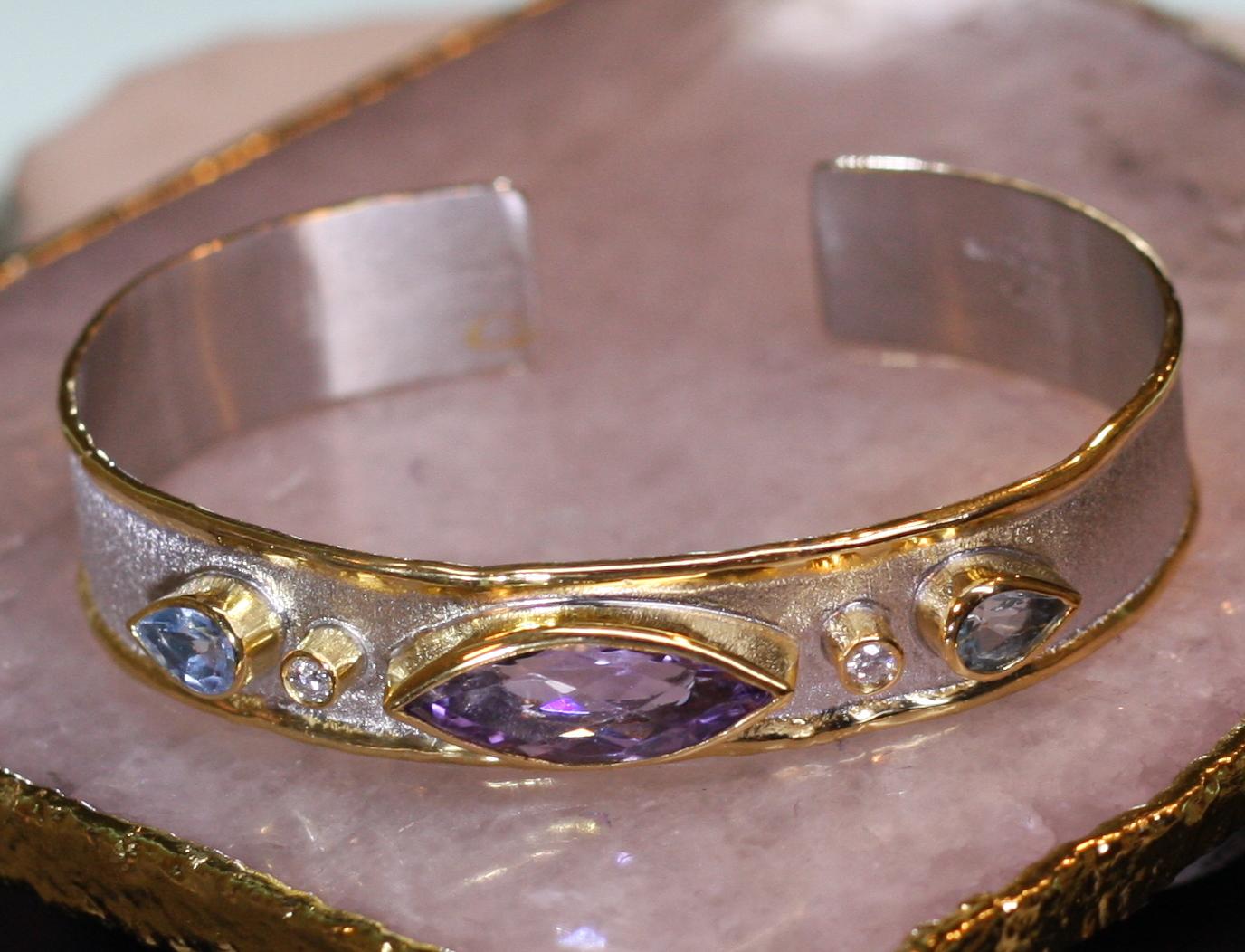 Marquise Cut Yianni Creations Amethyst Diamond Topaz Silver and Gold Two-Tone Cuff Bracelet