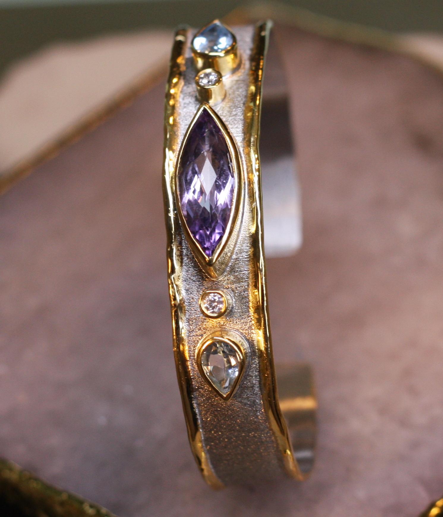 Yianni Creations Amethyst Diamond Topaz Silver and Gold Two-Tone Cuff Bracelet In New Condition In Astoria, NY