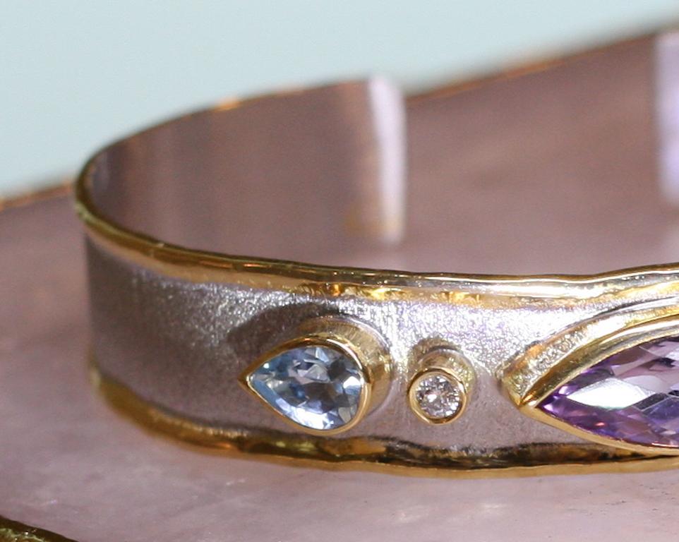 Yianni Creations Amethyst Diamond Topaz Silver and Gold Two-Tone Cuff Bracelet 2