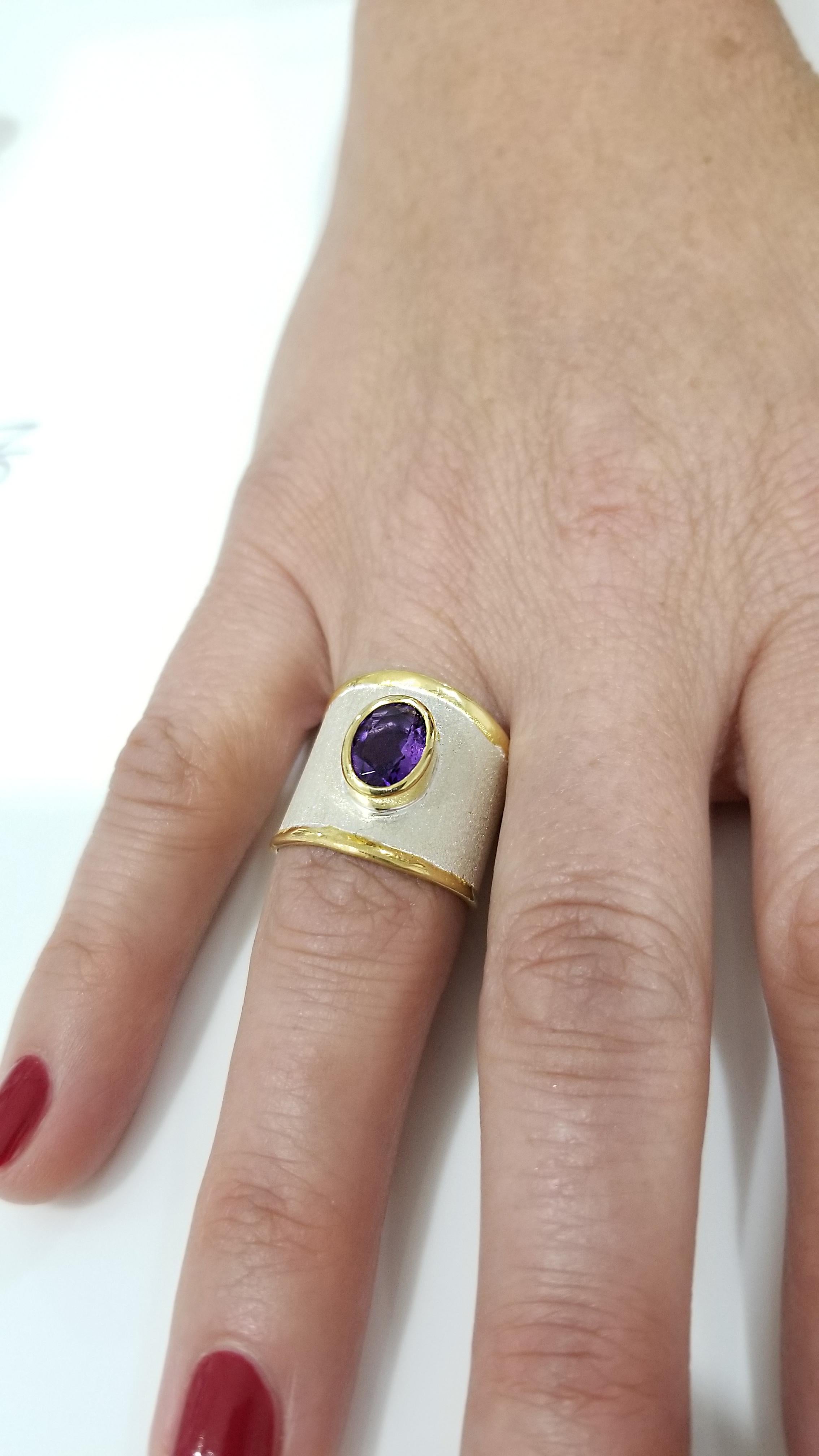 Contemporary Yianni Creations Amethyst Fine Silver 24 Karat Gold Two-Tone Wide Band Ring For Sale