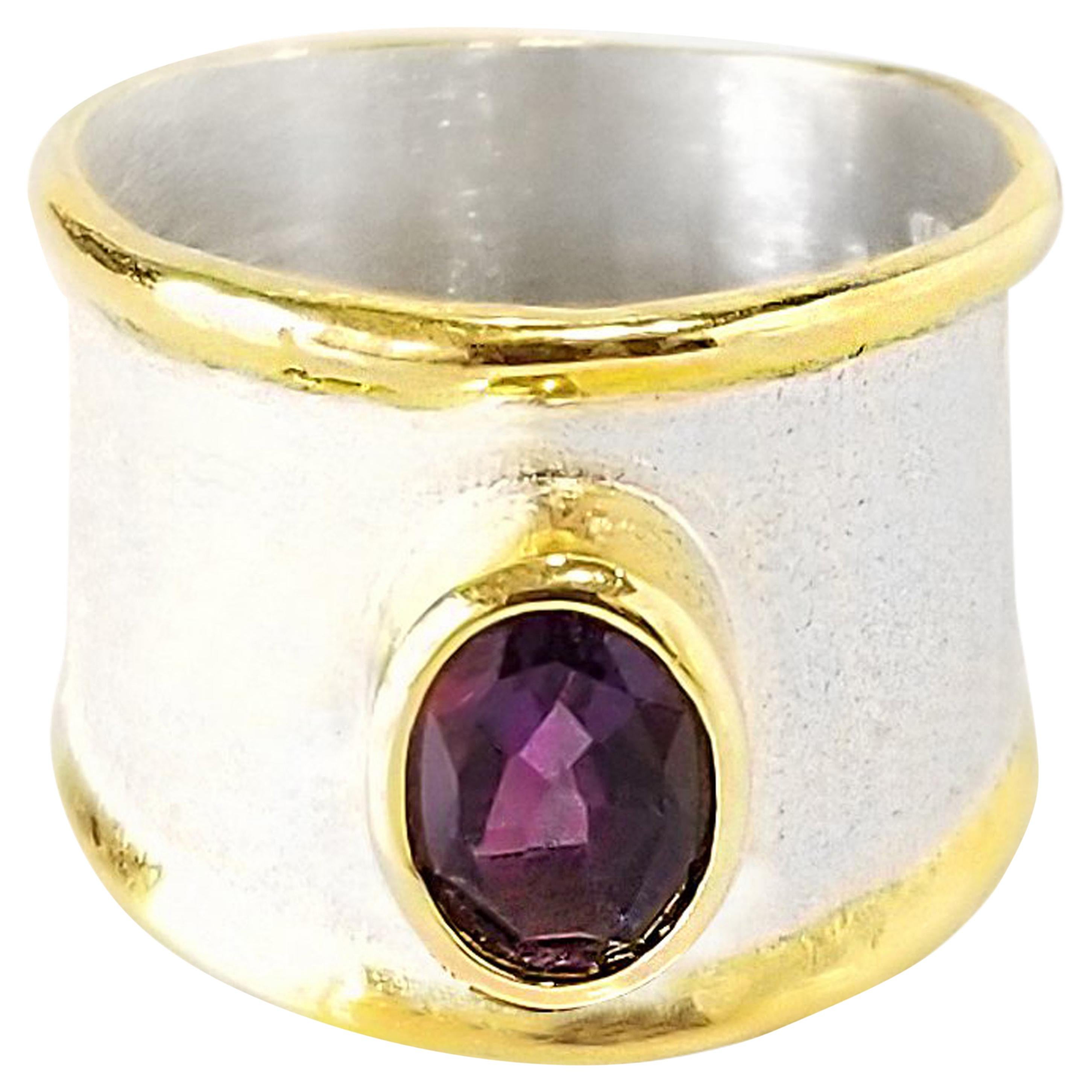 Yianni Creations Amethyst Fine Silver 24 Karat Gold Two-Tone Wide Band Ring
