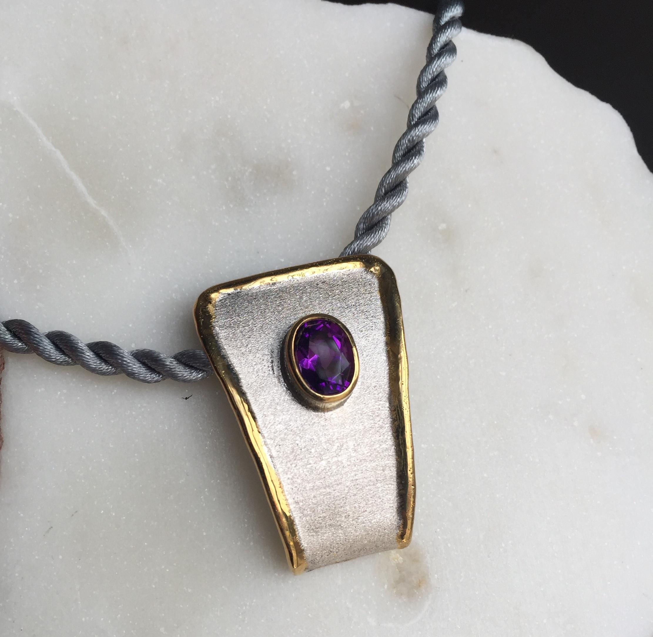 Yianni Creations Amethyst Fine Silver and 24 Karat Gold Two-Tone Pendant For Sale 5