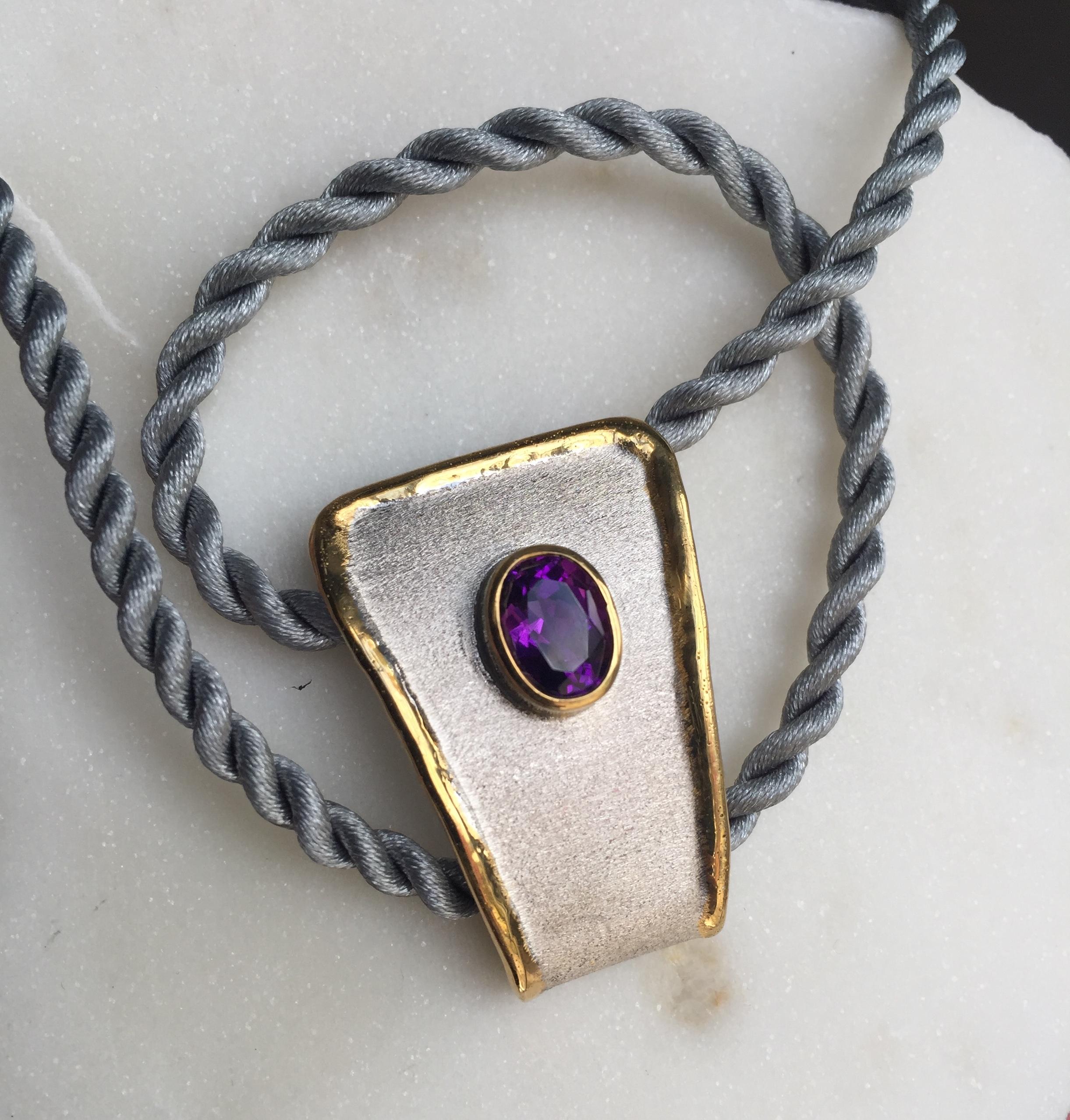 Contemporary Yianni Creations Amethyst Fine Silver and 24 Karat Gold Two-Tone Pendant For Sale