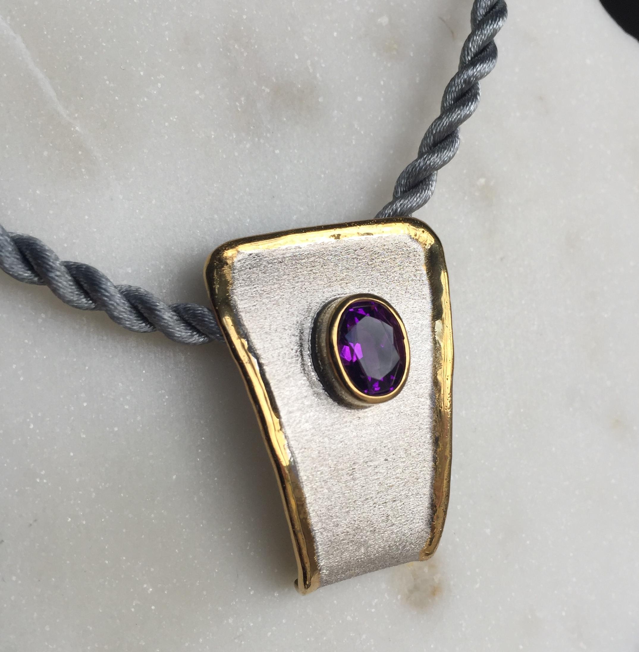 Yianni Creations Amethyst Fine Silver and 24 Karat Gold Two-Tone Pendant For Sale 3