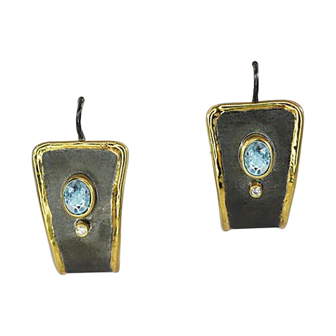 Yianni Creations Aquamarine and Diamond Fine Silver Gold Two-Tone Earrings For Sale