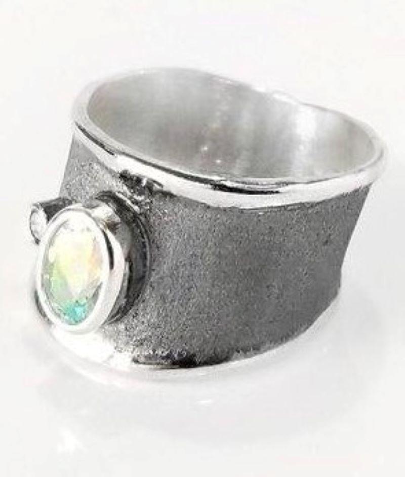 Women's or Men's Yianni Creations Aquamarine and Diamond Fine Silver and Rhodium Wide Band Ring For Sale