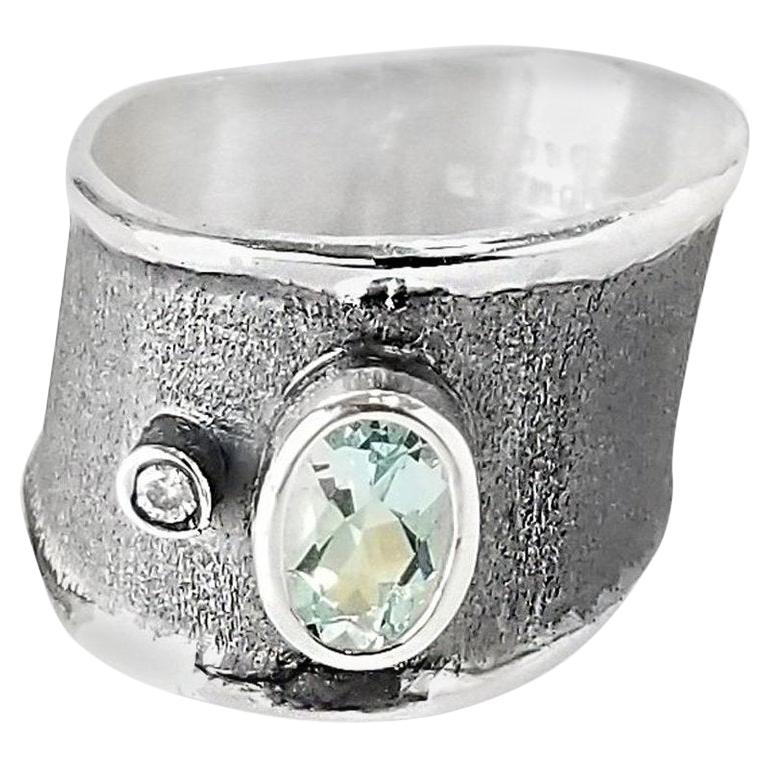 Yianni Creations Aquamarine and Diamond Fine Silver and Rhodium Wide Band Ring