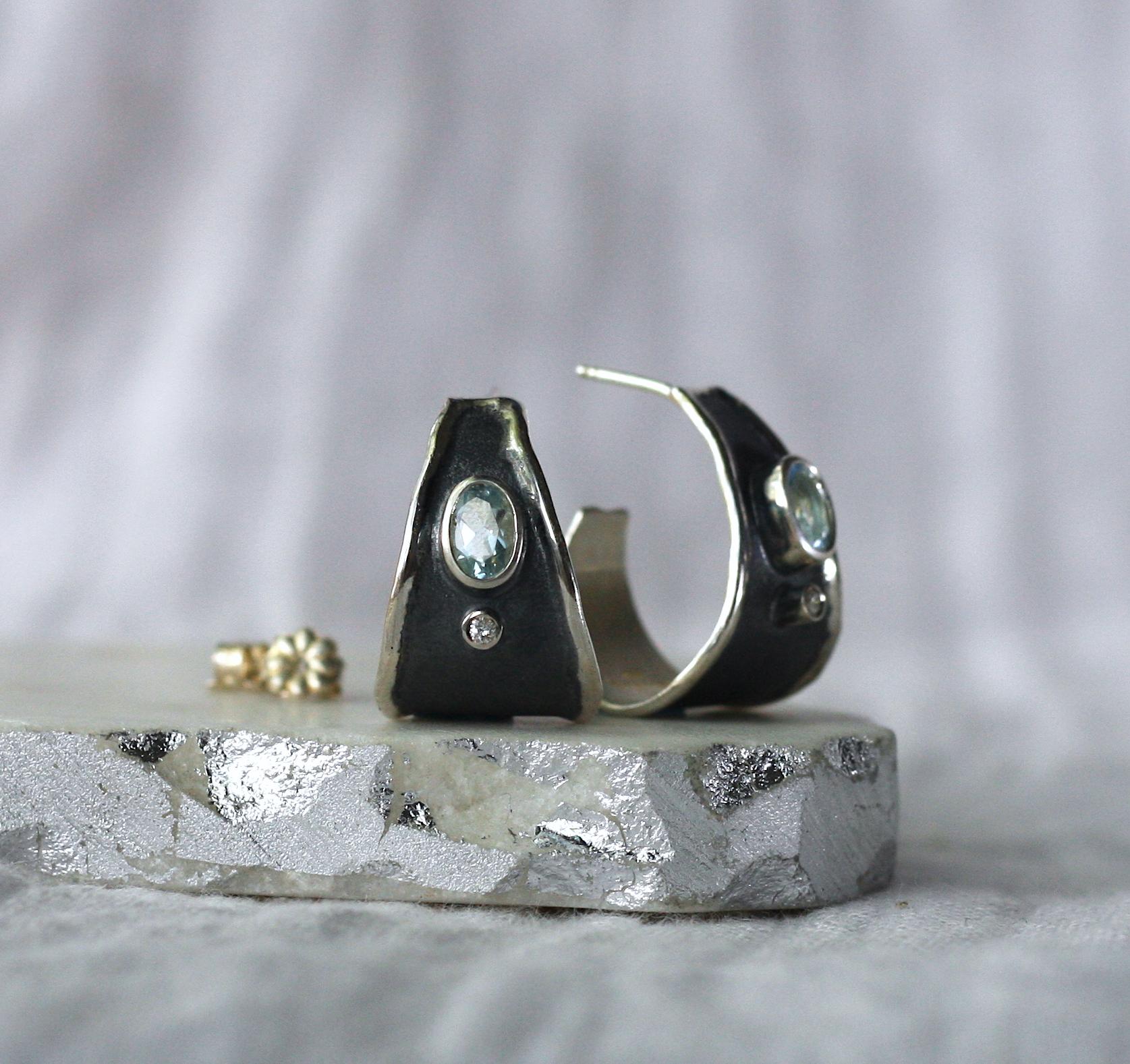 Yianni Creations Aquamarine and Diamond Fine Silver and Rhodium Hoop Earrings 6
