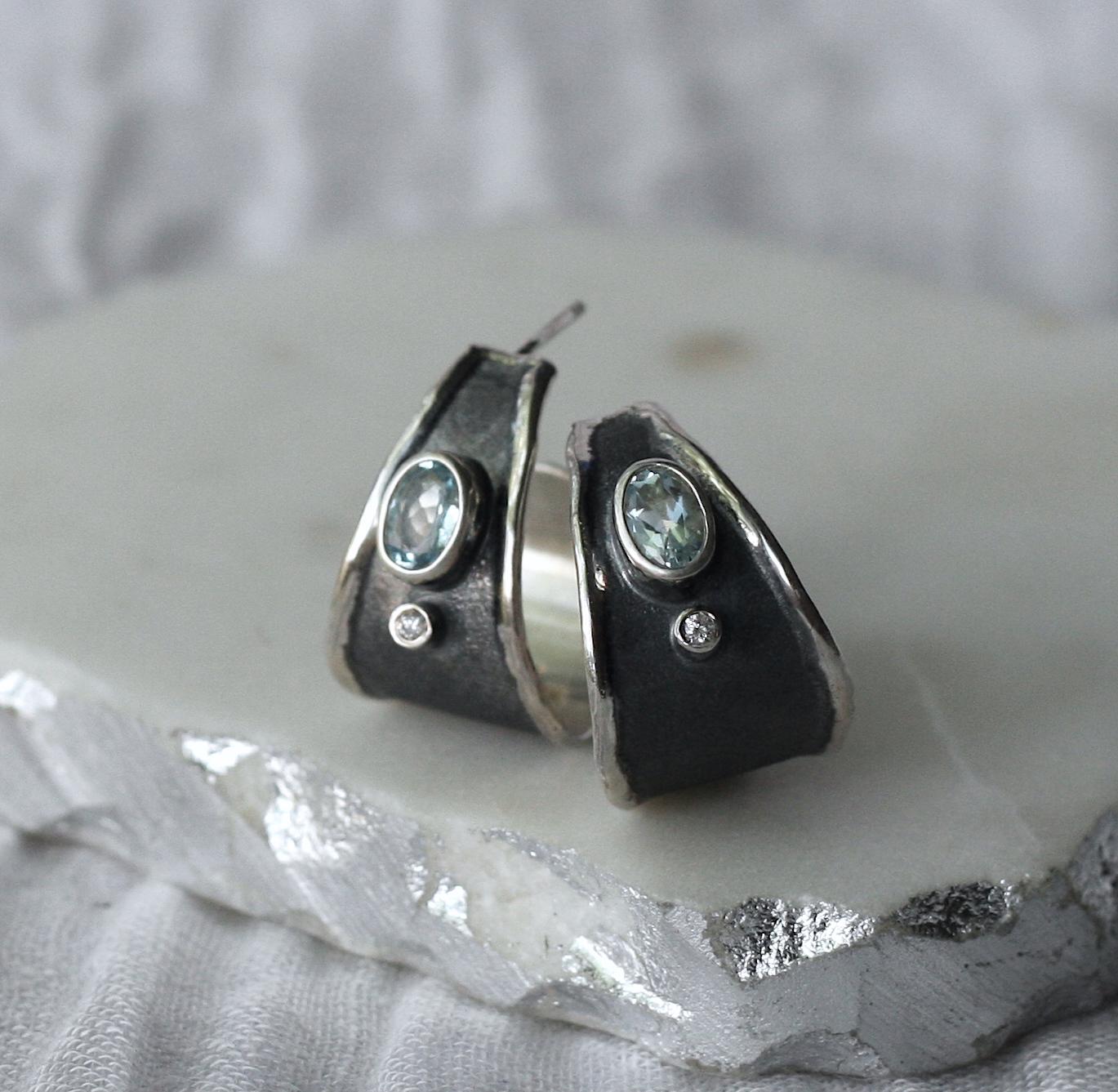 Women's Yianni Creations Aquamarine and Diamond Fine Silver and Rhodium Hoop Earrings