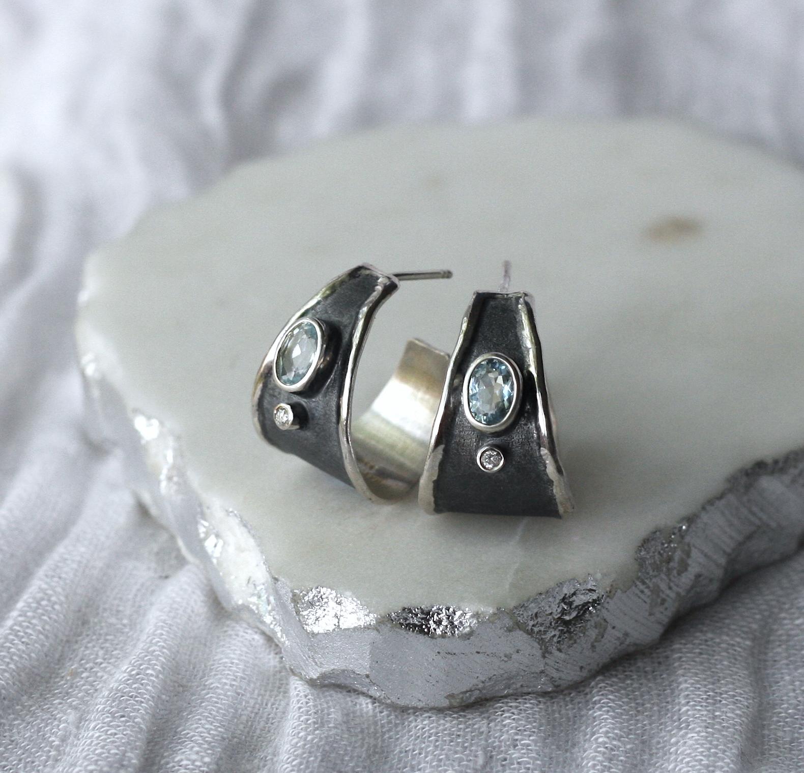 Yianni Creations Aquamarine and Diamond Fine Silver and Rhodium Hoop Earrings 3