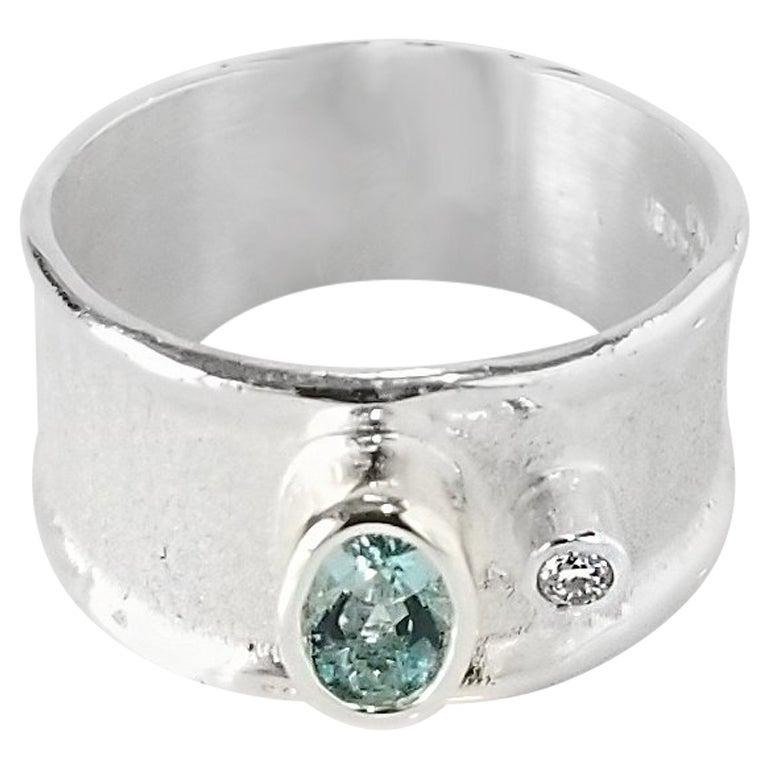 Yianni Creations Aquamarine and Diamond Fine Silver Palladium Band Ring