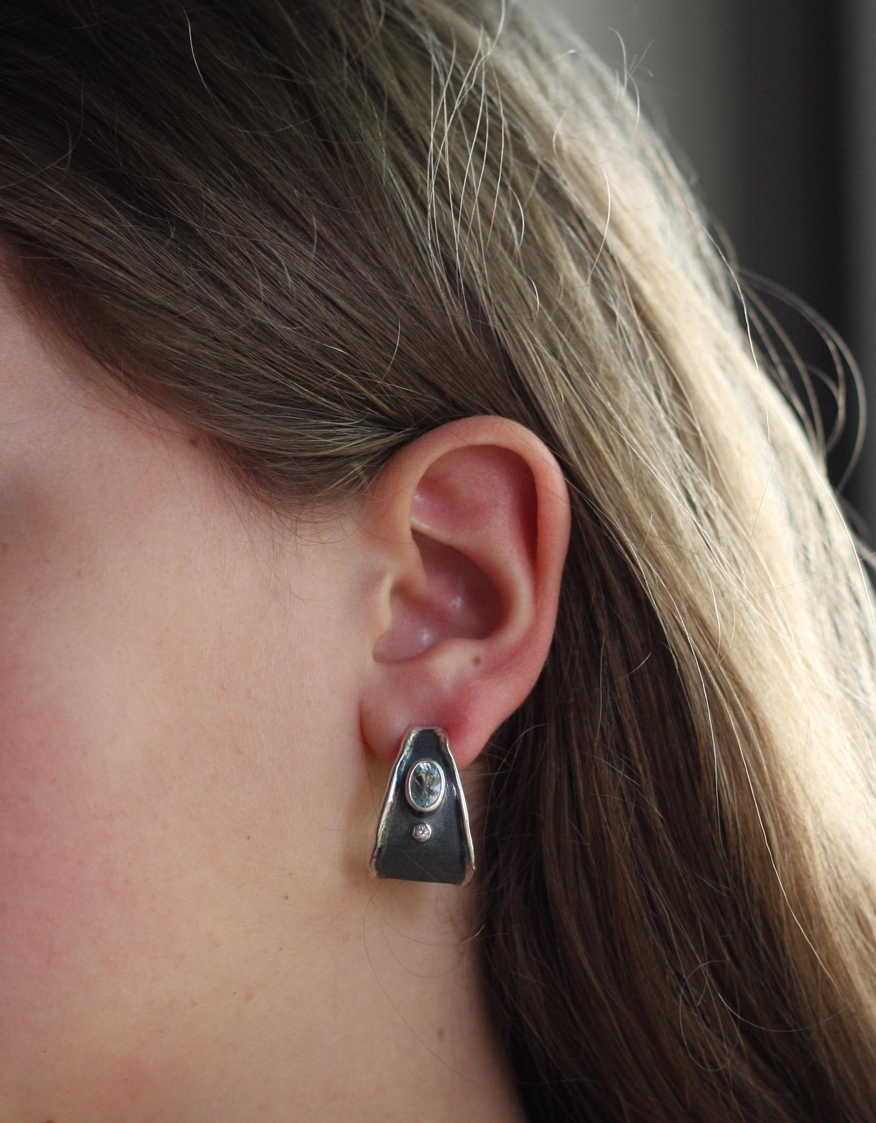 Yianni Creations Aquamarine and Diamond Silver and Rhodium Wide Hoop Earrings 5