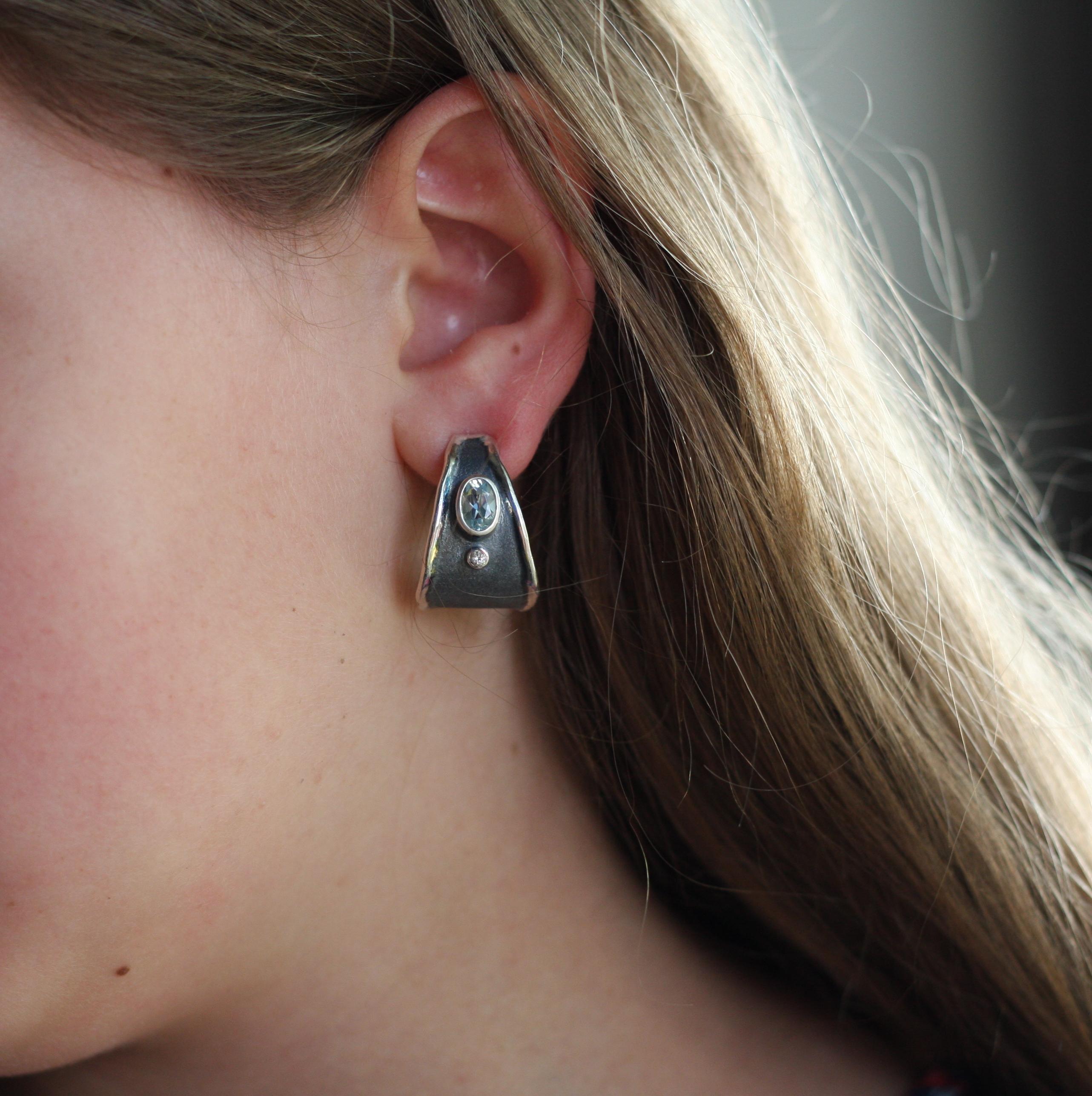 Oval Cut Yianni Creations Aquamarine and Diamond Silver and Rhodium Wide Hoop Earrings