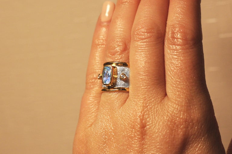 Cushion Cut Yianni Creations Aquamarine Diamond Fine Silver 24 Karat Gold Two-Tone Band Ring For Sale
