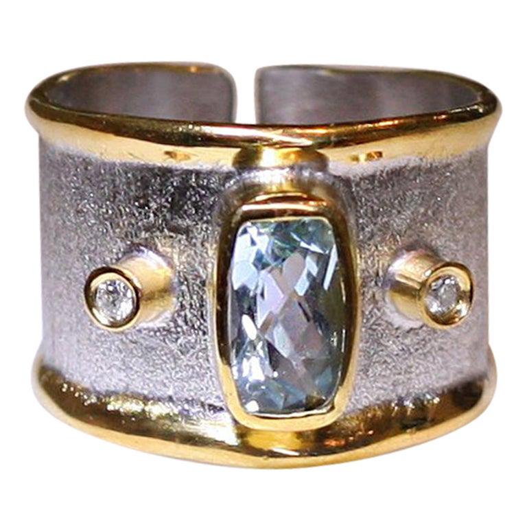 Yianni Creations Aquamarine Diamond Fine Silver 24 Karat Gold Two-Tone Band Ring