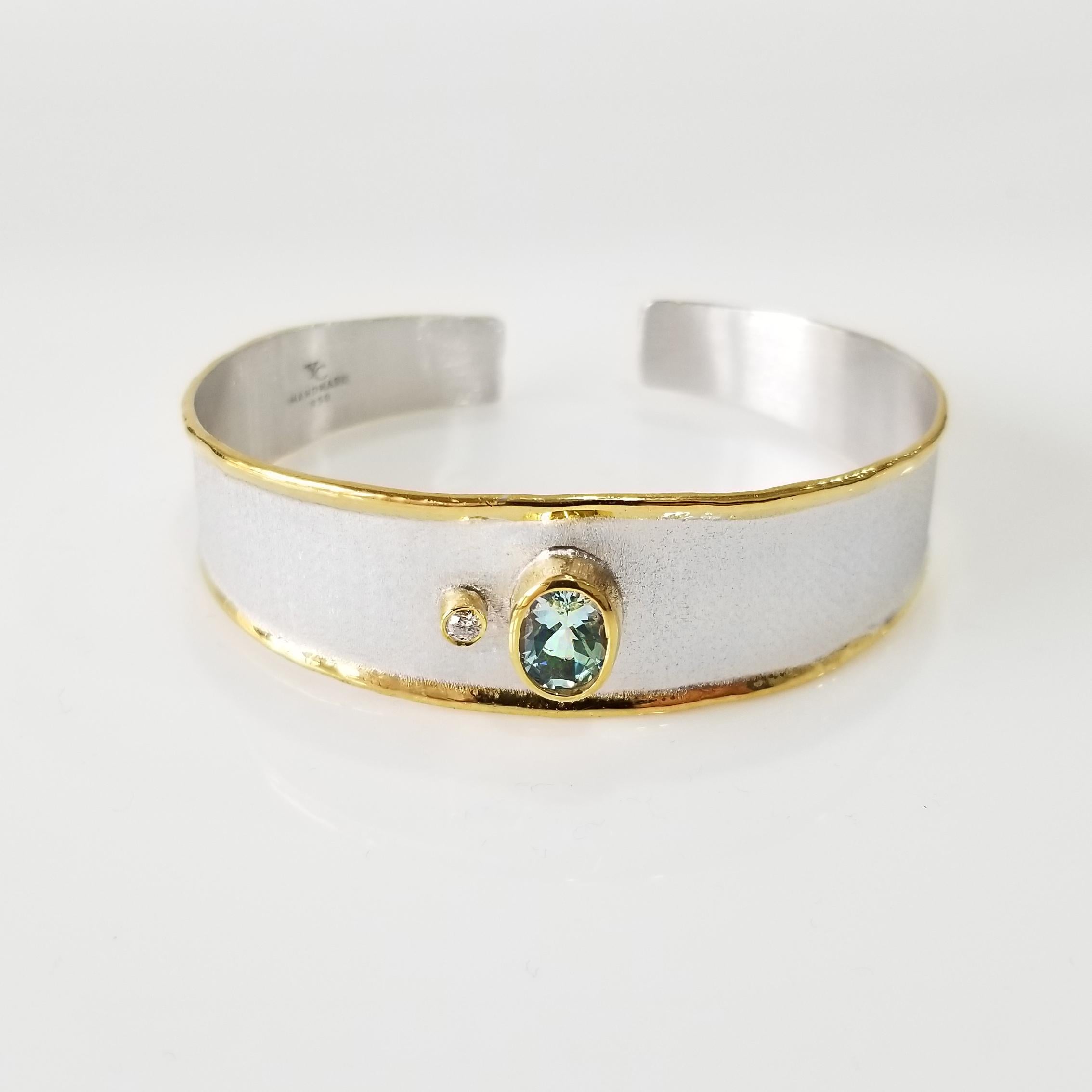 Women's Yianni Creations Aquamarine Diamond Silver 24 Karat Gold Two-Tone Cuff Bracelet For Sale