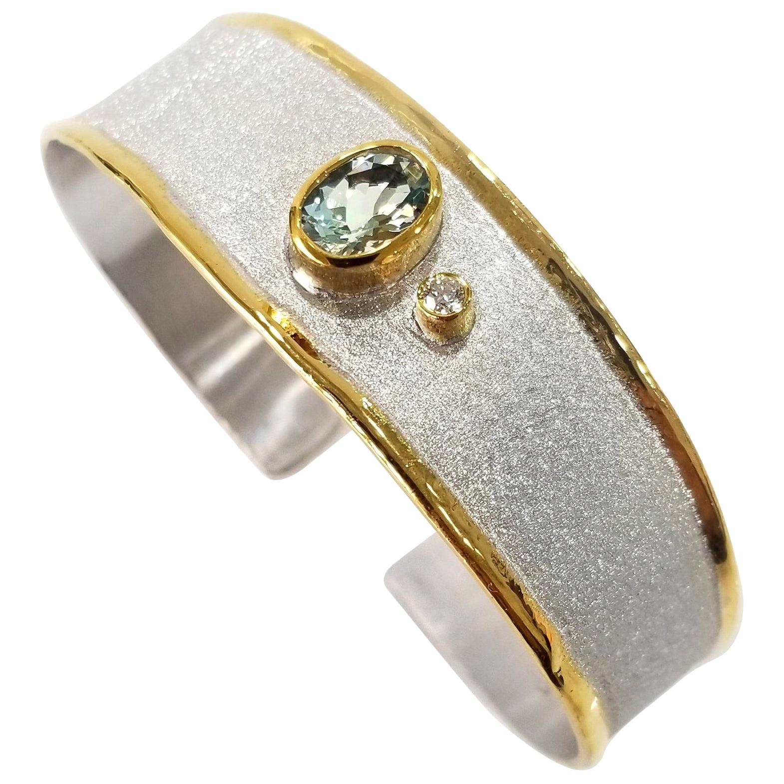 Yianni Creations Aquamarine Diamond Silver 24 Karat Gold Two-Tone Cuff Bracelet For Sale