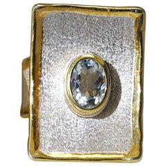 Yianni Creations Aquamarine Fine Silver 24 Karat Gold Rectangular Wide Band Ring