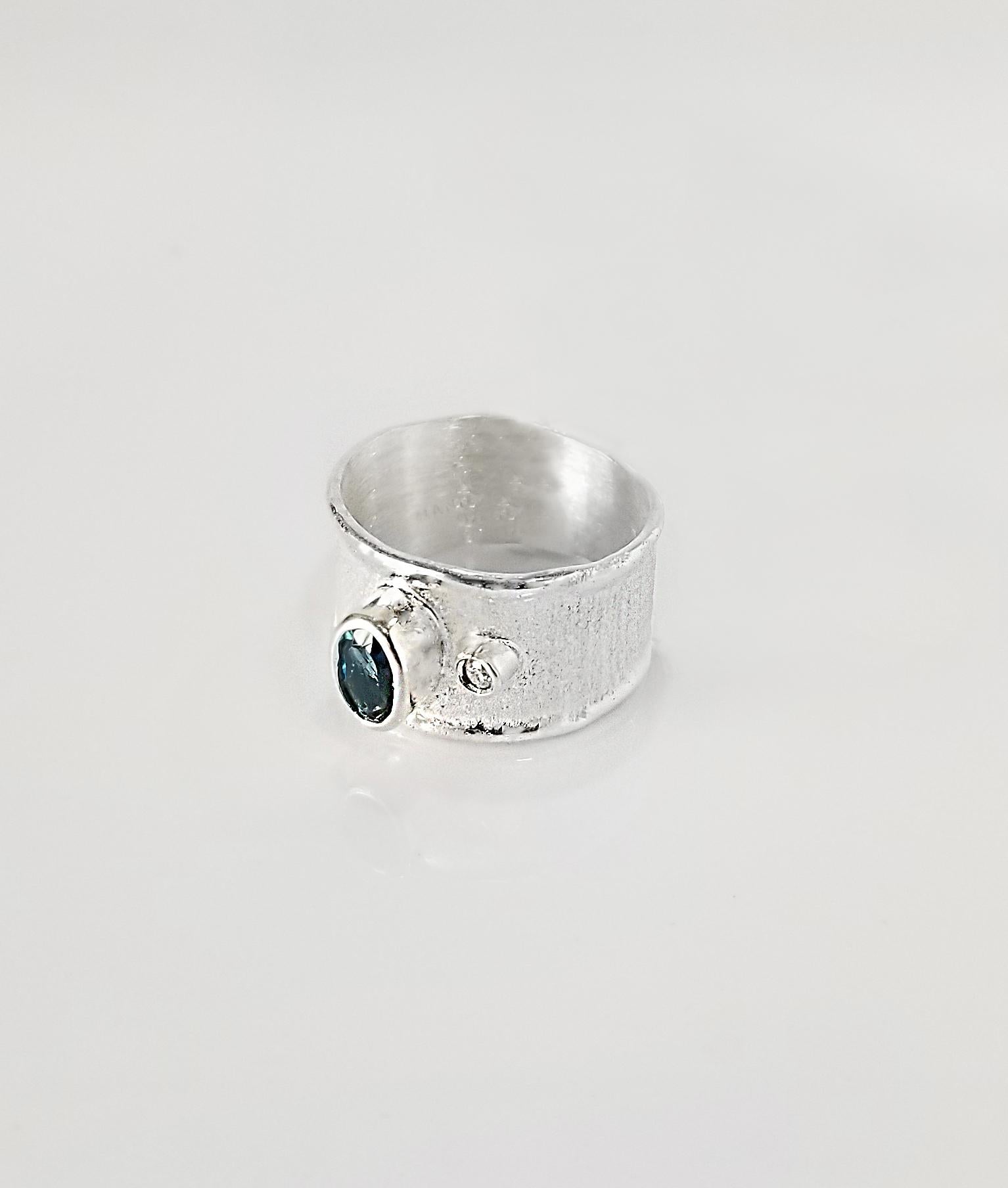 Contemporary Yianni Creations Blue Topaz and Diamond Fine Silver Palladium Band Ring For Sale