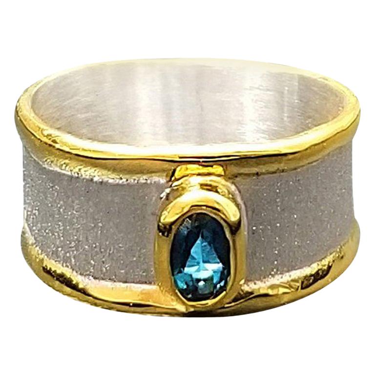 Yianni Creations Blue Topaz Band Ring in Fine Silver and 24 Karat Yellow Gold