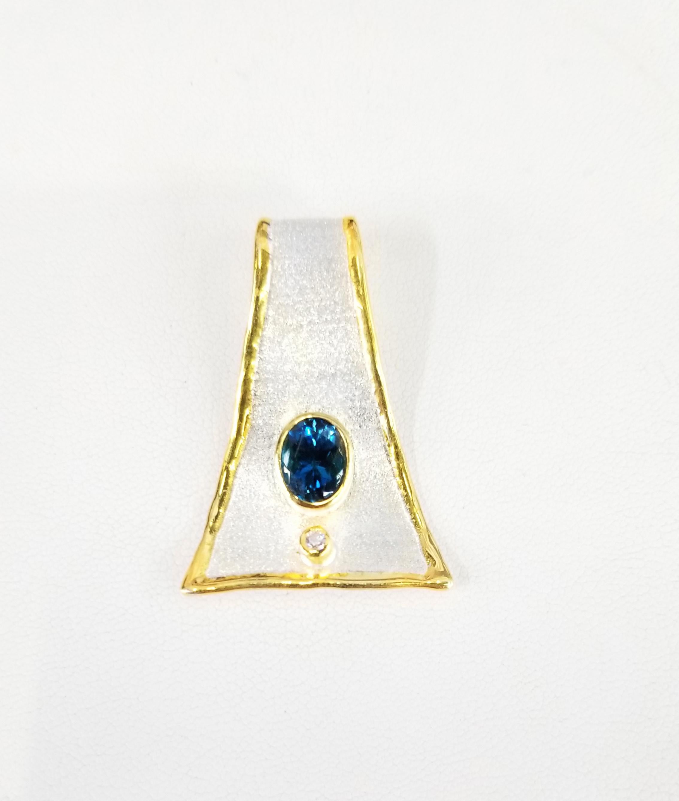 Women's Yianni Creations Blue Topaz Diamond Fine Silver 24 Karat Gold Two-Tone Pendant For Sale