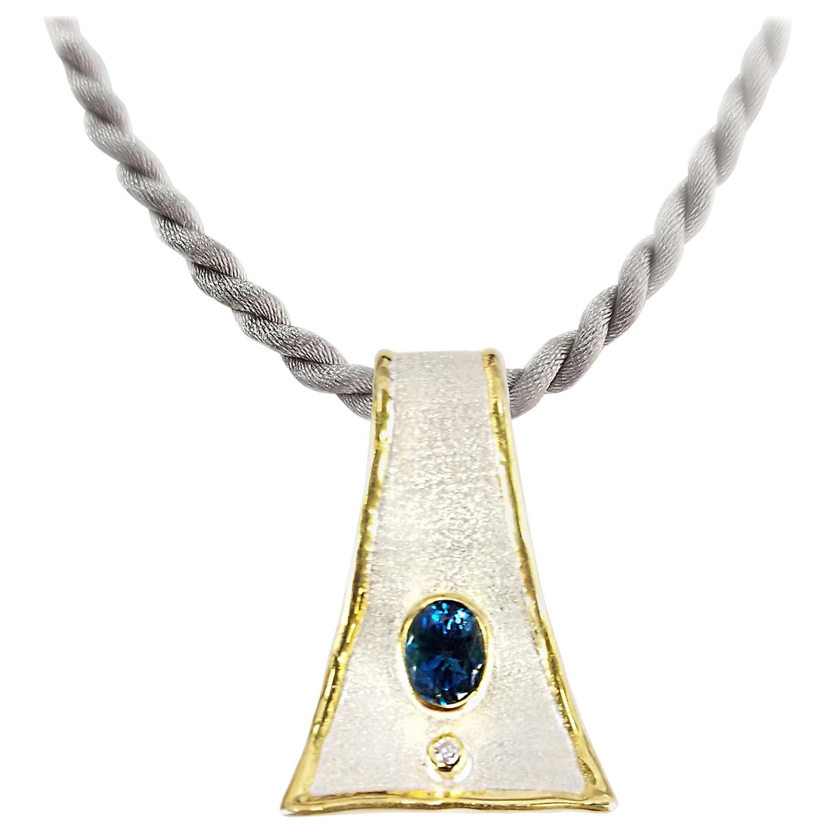 Yianni Creations Blue Topaz Diamond Fine Silver 24 Karat Gold Two-Tone Pendant For Sale