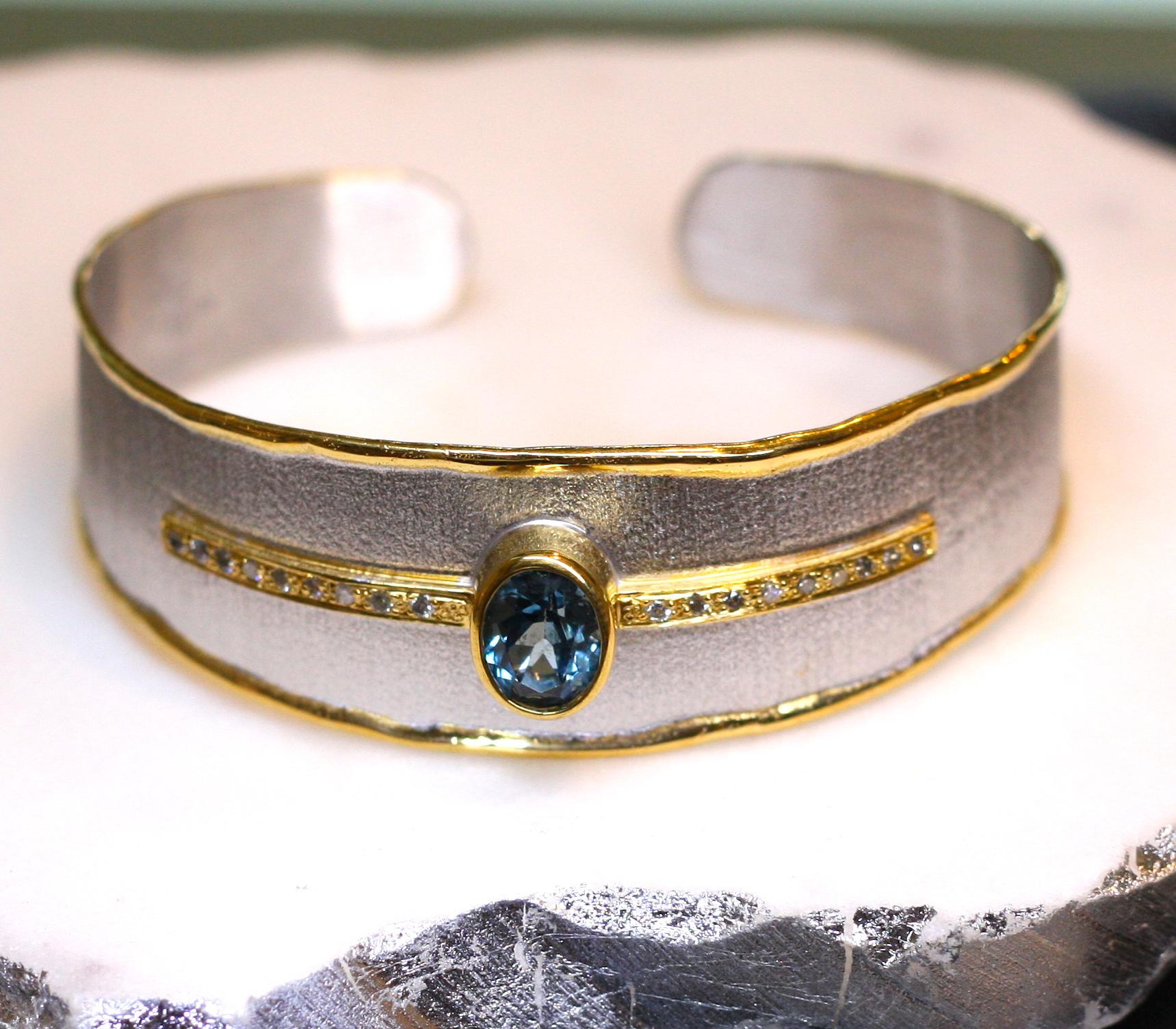 Yianni Creations Blue Topaz Diamonds Silver and Gold Two-Tone Bangle Bracelet In New Condition In Astoria, NY