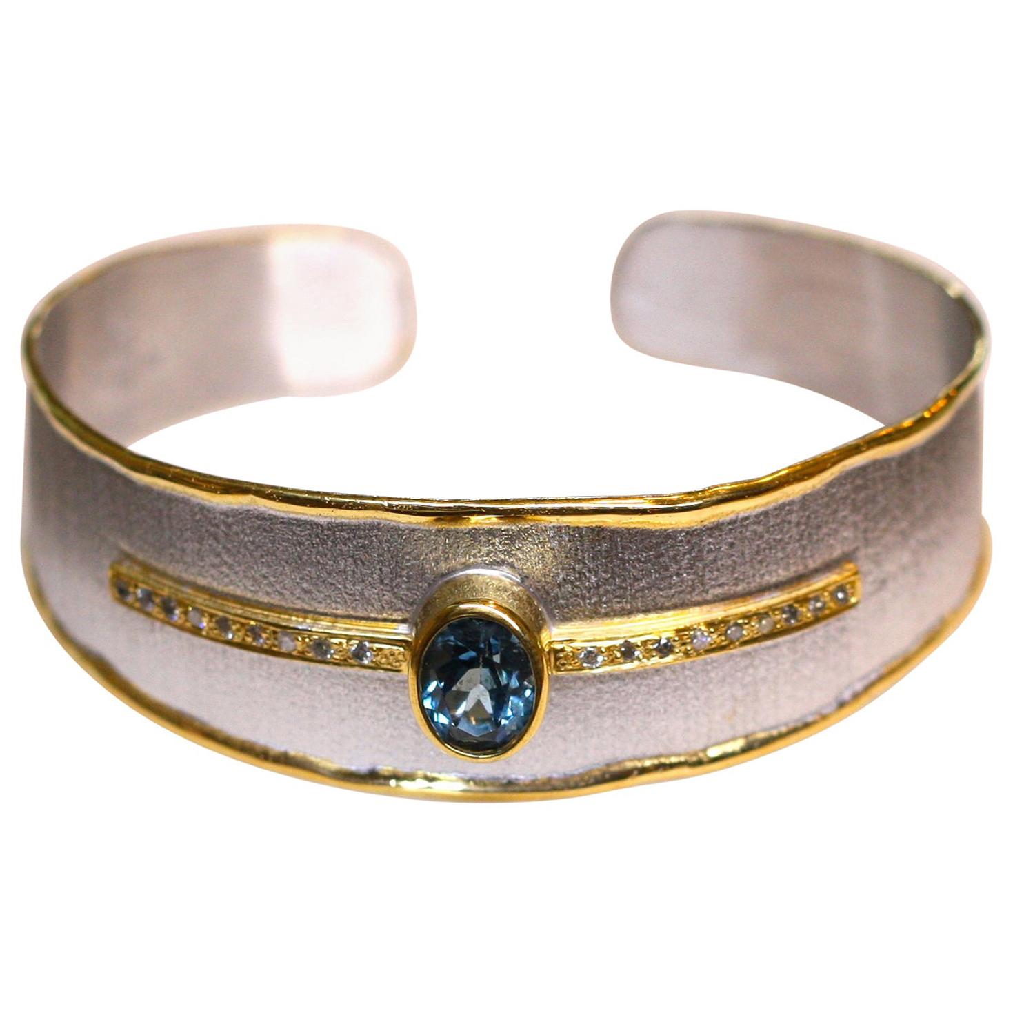 Yianni Creations Blue Topaz Diamonds Silver and Gold Two-Tone Bangle Bracelet
