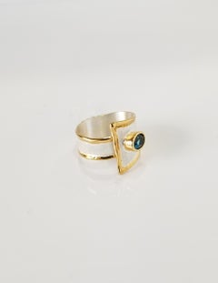 Yianni Creations Blauer Topas Feines Silber 24 Karat Gold Zweifarbiger breiter Bandring